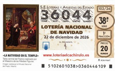 Anverso del d&eacute;cimo 36044 de la Loter&iacute;a de Navidad 2026, de C&oacute;rdoba